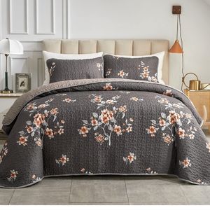 New 3 Pieces Full/Queen Size Quilt Set Dark Gray Floral Reversible Bedspread